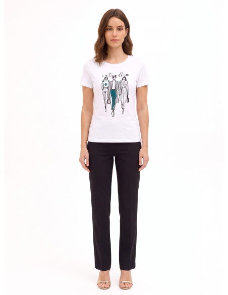 Regular T-shirt van katoenmix met flockprint van een modeshow Rinascimento