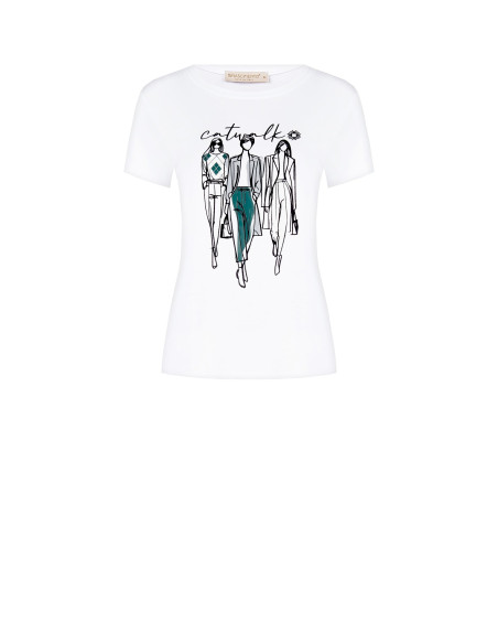 Regular T-shirt van katoenmix met flockprint van een modeshow Rinascimento