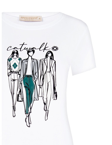 Regular T-shirt van katoenmix met flockprint van een modeshow Rinascimento