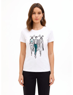 Regular T-shirt van katoenmix met flockprint van een modeshow Rinascimento