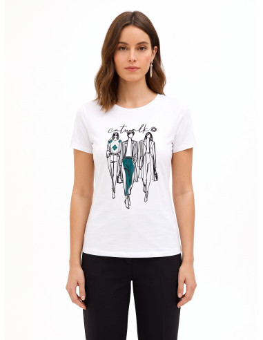 Regular T-shirt van katoenmix met flockprint van een modeshow Rinascimento