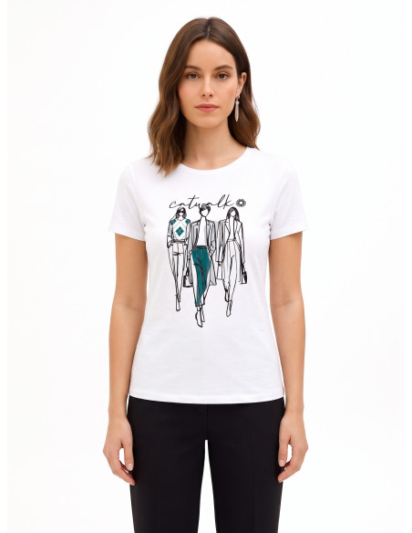 Regular T-shirt van katoenmix met flockprint van een modeshow Rinascimento