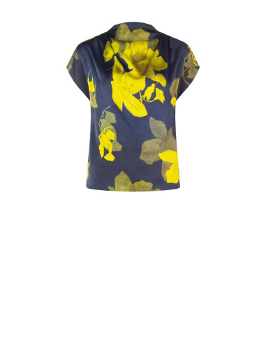 Vloeiende satijnen blouse met bloemenprint en gedrapeerde halslijn Rinascimento