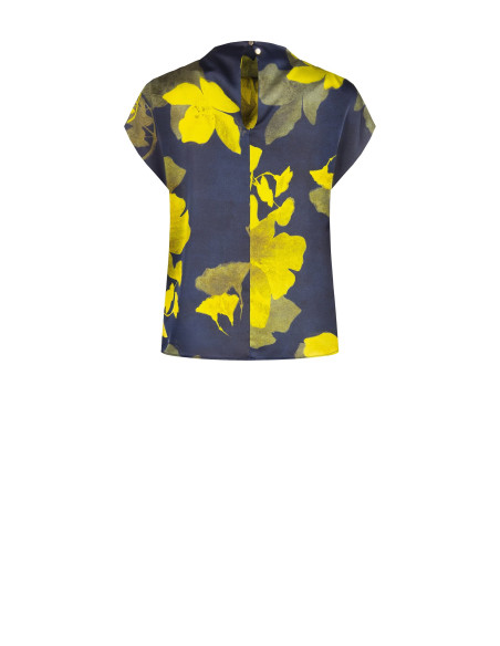 Vloeiende satijnen blouse met bloemenprint en gedrapeerde halslijn Rinascimento