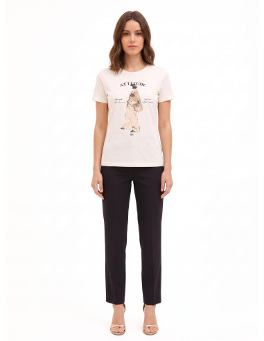 Regular T-shirt van katoenmix met print van een vrouwfiguur en kristallen Rinascimento