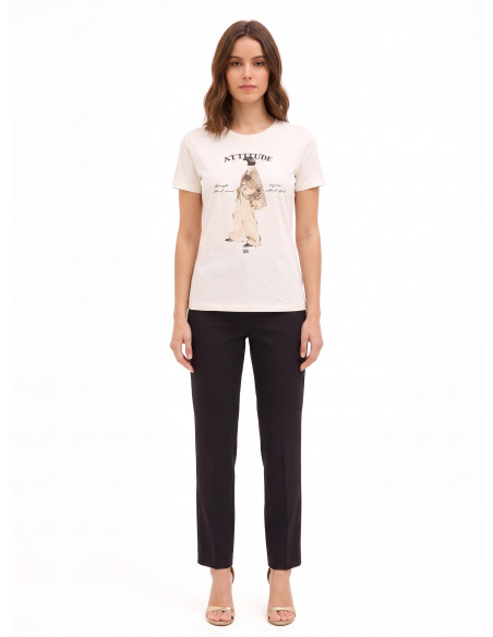 Regular T-shirt van katoenmix met print van een vrouwfiguur en kristallen Rinascimento