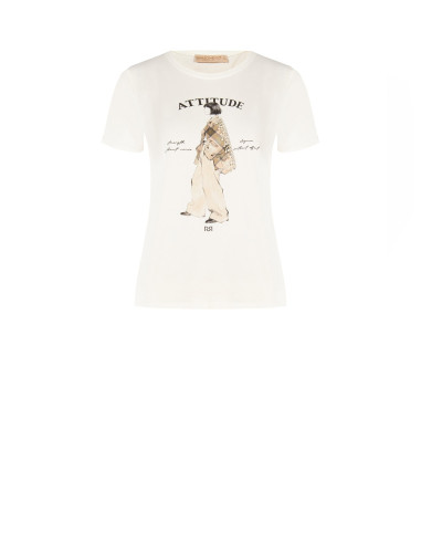Regular T-shirt van katoenmix met print van een vrouwfiguur en kristallen Rinascimento
