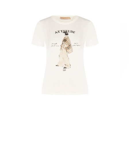 Regular T-shirt van katoenmix met print van een vrouwfiguur en kristallen Rinascimento