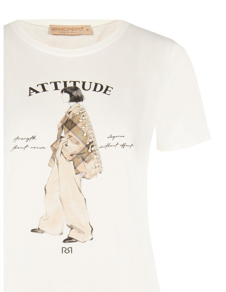 Regular T-shirt van katoenmix met print van een vrouwfiguur en kristallen Rinascimento