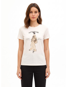 Regular T-shirt van katoenmix met print van een vrouwfiguur en kristallen Rinascimento