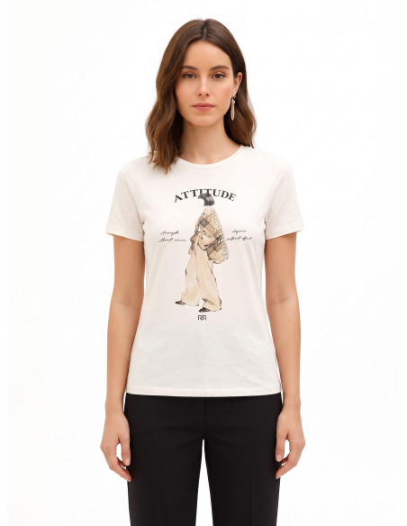 Regular T-shirt van katoenmix met print van een vrouwfiguur en kristallen Rinascimento