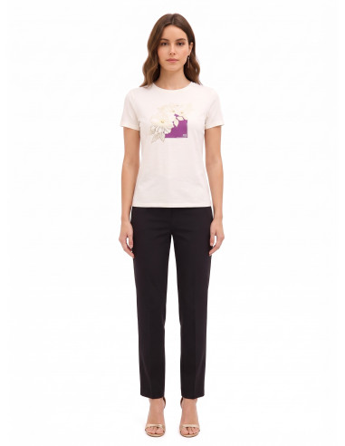 Regular katoenen T-shirt met gelamineerde bloemen en parels Rinascimento