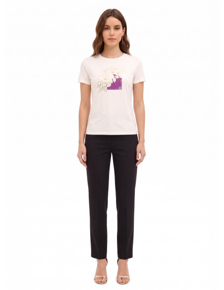Regular katoenen T-shirt met gelamineerde bloemen en parels Rinascimento