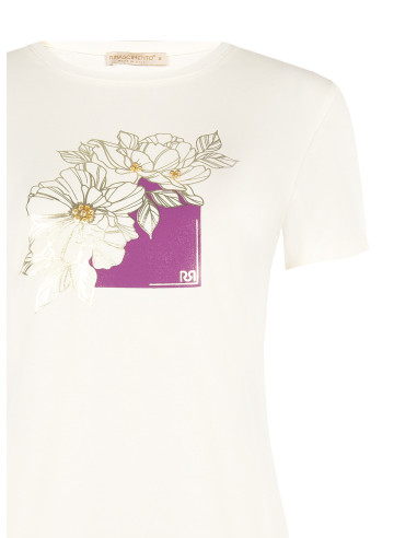 Regular katoenen T-shirt met gelamineerde bloemen en parels Rinascimento