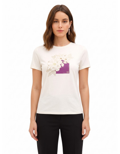 Regular katoenen T-shirt met gelamineerde bloemen en parels Rinascimento