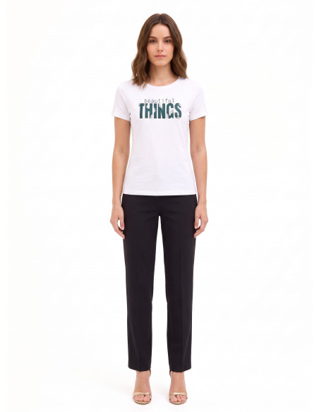 Regular T-shirt van een katoenmix met sloganprint en strass-steentjes Rinascimento