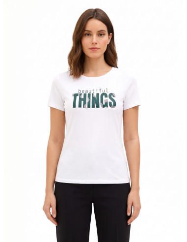 Regular T-shirt van een katoenmix met sloganprint en strass-steentjes Rinascimento