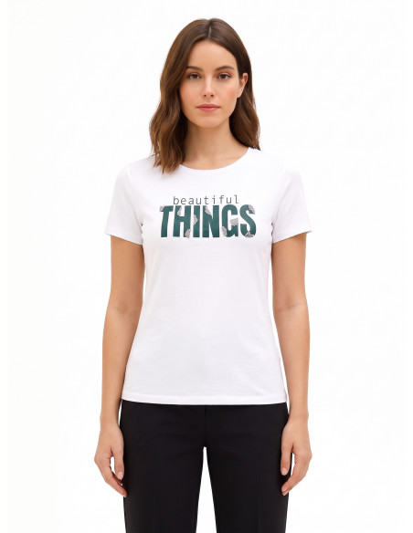 Regular T-shirt van een katoenmix met sloganprint en strass-steentjes Rinascimento