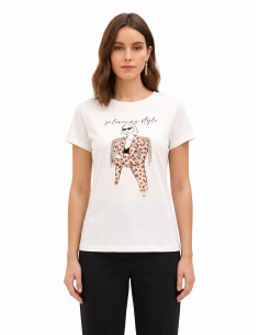 Regular T-shirt van katoen met modieuze print en strass-franjes Rinascimento