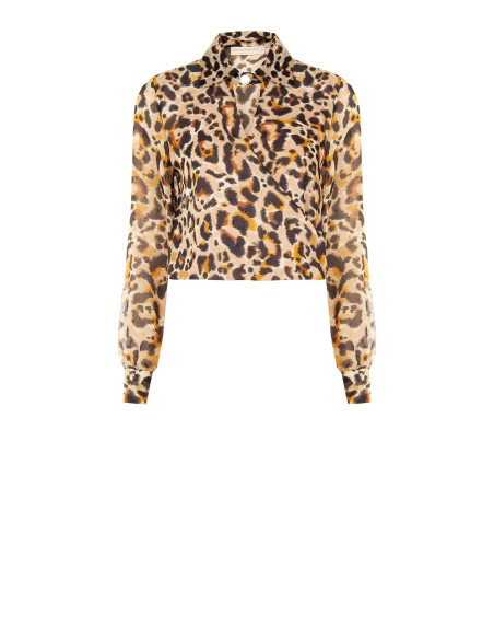 Blouse met ballonmouwen van georgette met luipaardprint, lurexspikkels en een overlappende V-hals Rinascimento