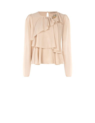 Blouse van georgette met overlappende volants en decoratieve broche Rinascimento