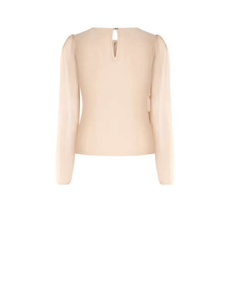 Blouse van georgette met overlappende volants en decoratieve broche Rinascimento