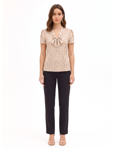 Satijnen blouse met dubbele stippen, V-hals en strik Rinascimento
