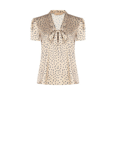 Satijnen blouse met dubbele stippen, V-hals en strik Rinascimento