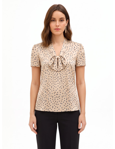 Satijnen blouse met dubbele stippen, V-hals en strik Rinascimento