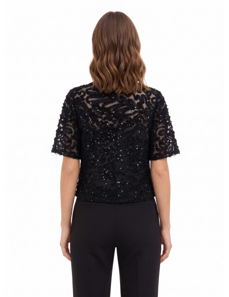 Oversized blouse van tule met borduursels en pailletten Rinascimento