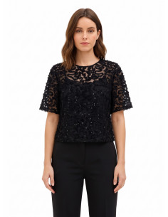 Oversized blouse van tule met borduursels en pailletten Rinascimento