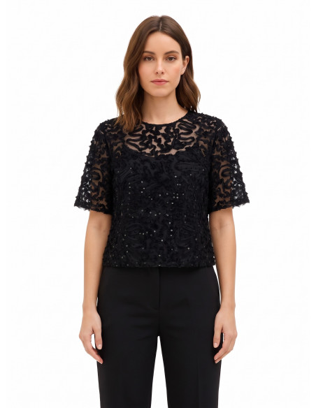 Oversized blouse van tule met borduursels en pailletten Rinascimento
