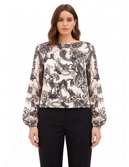 Wijde satijnen blouse met barokmotief Rinascimento