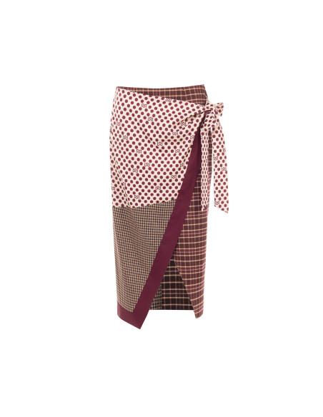 Lange patchwork-wikkelrok met knoopdetail aan de zijkant Rinascimento