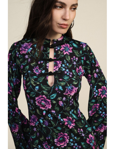 Midi-jurk met bloemenprint en sluiting met houtje-touwtjeknopen Dixie