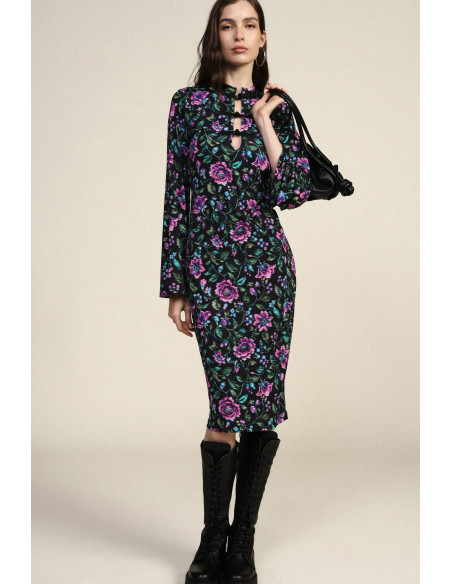Midi-jurk met bloemenprint en sluiting met houtje-touwtjeknopen Dixie