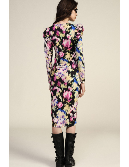 Midi-jurk met bloemenprint en gerimpelde schouders Dixie