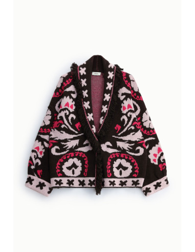 Fantasia-jacquardvest met franjes en lange mouwen Dixie - Bordeaux
