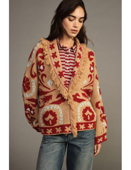 Fantasiavest van jacquard met franjes en lange mouwen Dixie - Beige camel