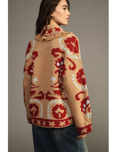 Fantasiavest van jacquard met franjes en lange mouwen Dixie - Beige camel