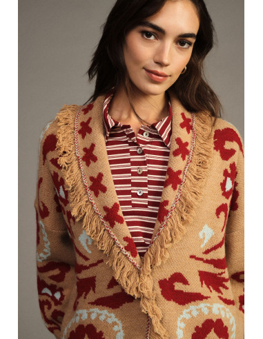 Fantasiavest van jacquard met franjes en lange mouwen Dixie - Beige camel