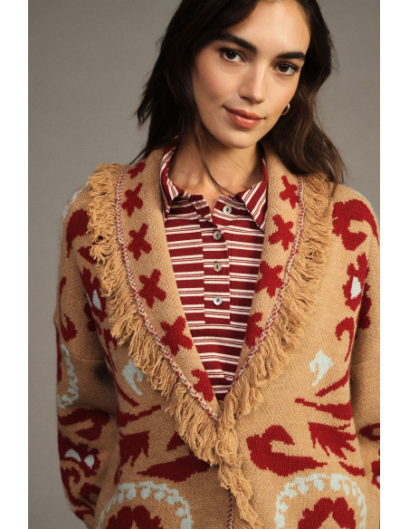 Fantasiavest van jacquard met franjes en lange mouwen Dixie - Beige camel