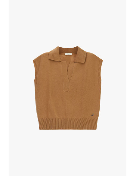 Mouwloze trui met polokraag en geribde zoom Dixie - Kameelbeige