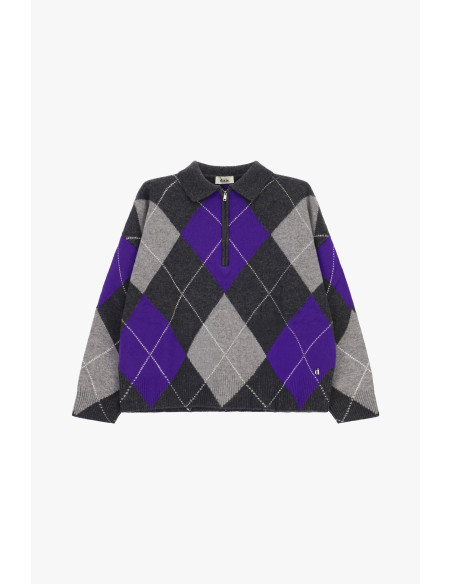 Jacquard Pullovertrui met Ruitmotief, Rits en Kraag Dixie - Donkergrijs