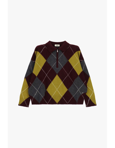Jacquard pullovertrui met ruitpatroon, rits en kraag Dixie - Wijnrood