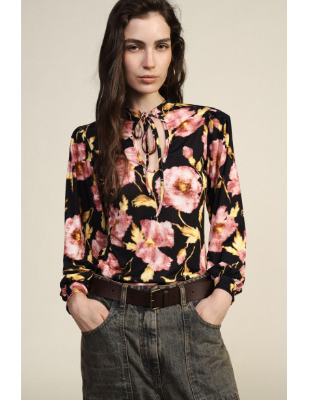 Top met bloemenprint, lange mouwen en een halslijn met strik Dixie