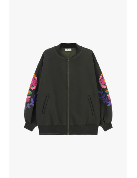 Bomberblazer met bomberfit en geborduurde bloemmouwen Dixie - Militair