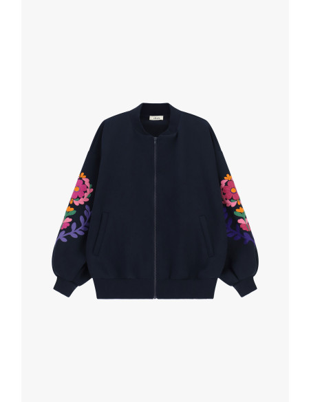 Bomberblazer met geborduurde bloemenmouwen Dixie - Blauw