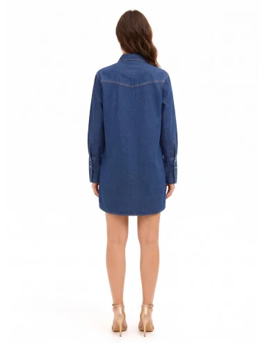Korte oversized denimblousejurk met zakjes en drukknopen Rinascimento