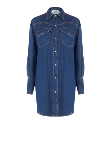 Korte oversized denimblousejurk met zakjes en drukknopen Rinascimento